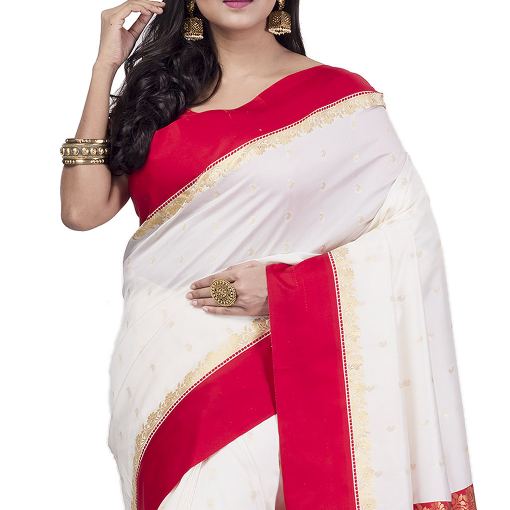 White Red Blended Cotton Gourigorod_Ankit Hand Loom Saree (7027)